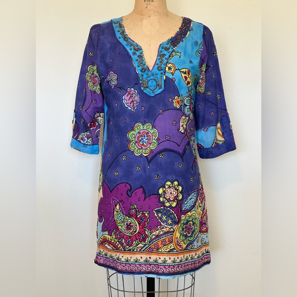 PEACE & LOVE by CALAO Tunic Dress Blue Purple Hippie Boho Beaded Neckline Size M